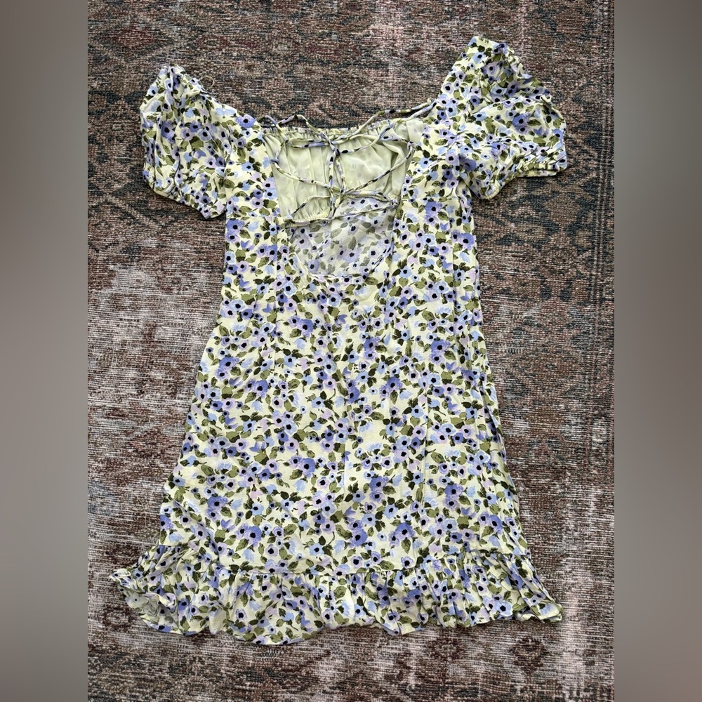 Zara Blue and Green Floral Print Mini Dress with Lace Up Back - Picture 2 of 3